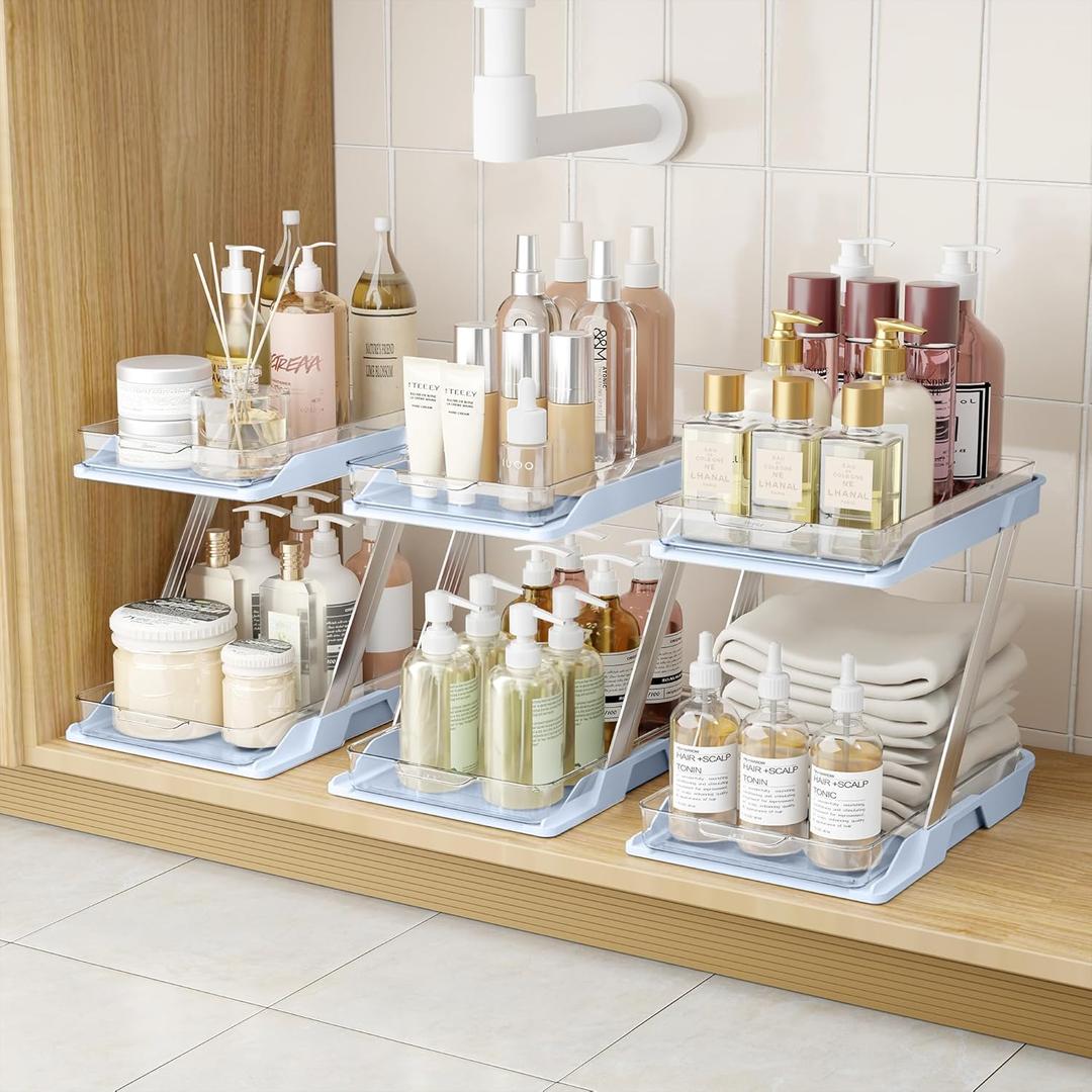 3 Pack Bathroom Organizers and Storage - Multi-Purpose,2-Tier Clear Pull Out Organization for Bathroom,Under Sink,Kitchen,Vanity,Countertop,Cabinet,Pantry & Medicine Cabinet,Blue
