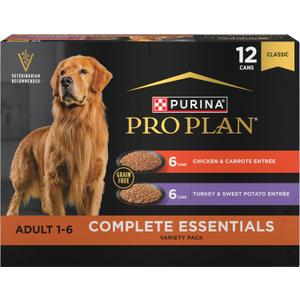 Purina Pro Plan Wet Dog Food Grain Free Complete Essentials Variety Pack, Chicken and Carrots and Turkey and Sweet Potato Entrees - (Pack of 12) 13 oz. Cans (EXP 04/30/28)