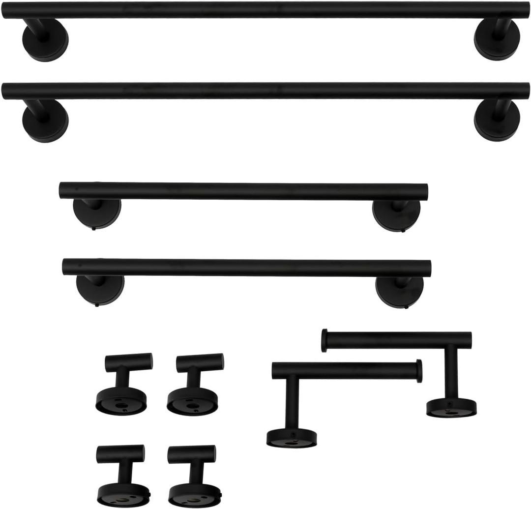 10Pcs Bathroom Hardware Set Stainless Steel Round Wall Mounted Towel Holder Set Bathroom Towel Bar Set (Black)