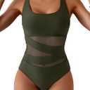 B2prity Women's Mesh One Piece Swimsuit Tummy Control Sexy Bathing Suit Push Up Swim Suit Slimming Swimwear (Medium, Army Green)