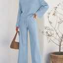 ZESICA Women's 2 Piece Outfits Set 2026 Casual Long Sleeve Knit Pullover Top and Wide Leg Pants Sweatsuit Lounge Sets (Blue, XL)