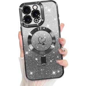 Bonoma Compatible with iPhone 16 Pro Case Support for MagSafe, Plating Heart Glitter Magnetic 2* Screen Protector TPU Camera Protection Back Cover for Girls Women -Black