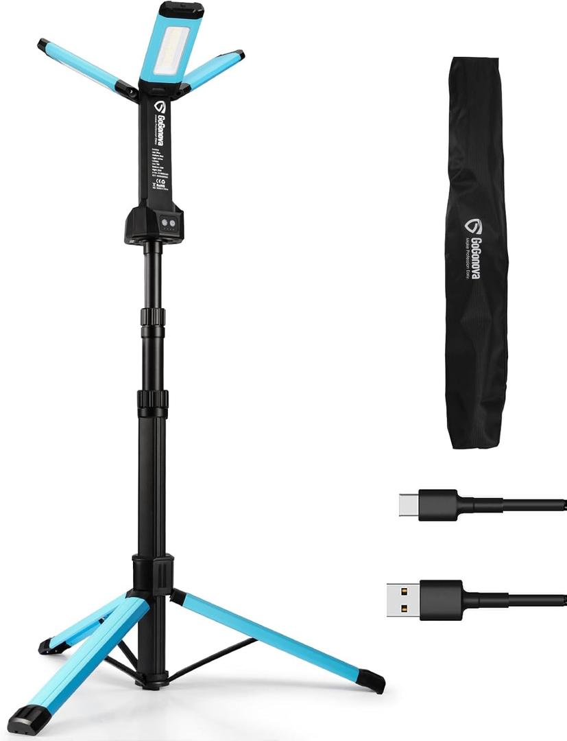 Rechargeable Work Light with Stand, GoGonova Cordless Work Light with Triple LED Lamps, 8AH Battery, 700/1200/2200 Lumen, 4000/6500K Dimmable Camping Light with Detachable TripodBlue (57 inch)