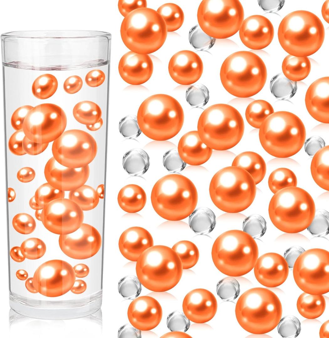 200PCS Orange Faux Pearls Beads for Centerpiece Vases, Vase Filler Faux Pearls, No Holes Filler Beads for Party Anniversary Birthday Wedding Table Decor, 10/14/20/30mm