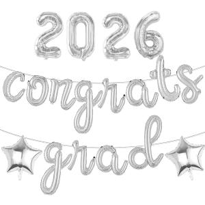 2 x Sliver 2026 Congrats Grad Balloons Congrats Foil Balloons for Congrats Grad Decorations