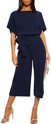 CHARTOU Women's Short Sleeve Bow Tie Wide Leg Cropped Capri Romper Palazzo Pants Jumpsuit L