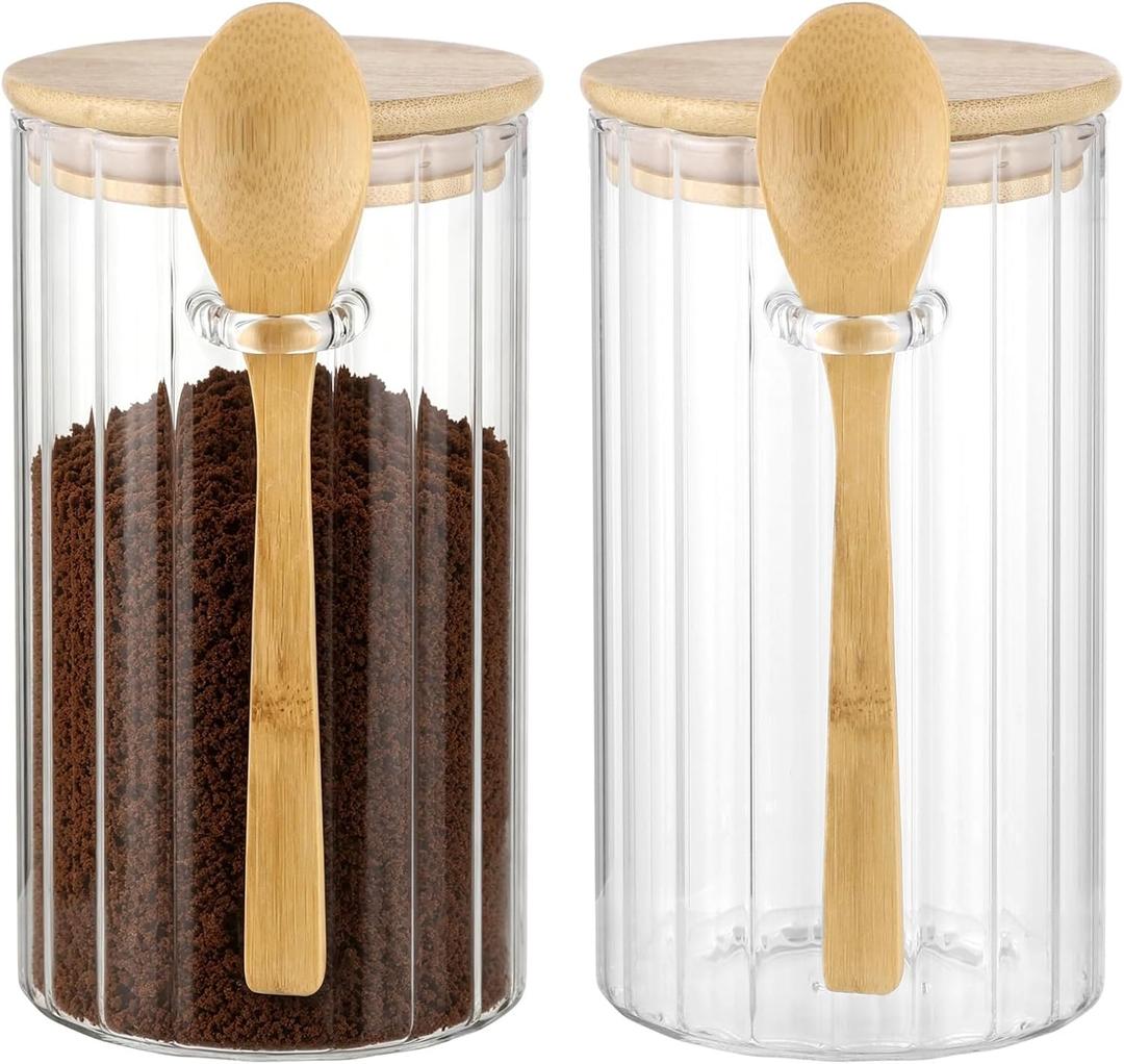 2 Pcs Glass Storage Jars, Airtight Food Canister Set with Wooden Lid, Spoons, and Striped Design, Stackable Coffee Sugar Containers for Tea, Beans, Dry Goods, 3.35 x 3.35 x 5.91 in, Medium