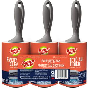 Scotch-Brite Everyday Clean Lint Roller, White, Manual Operation, 3 Pack, Lint Remover for Pet Hair, Dark Clothes, Furniture, and Dusty Surfaces, 300 Adhesive Sheets Total