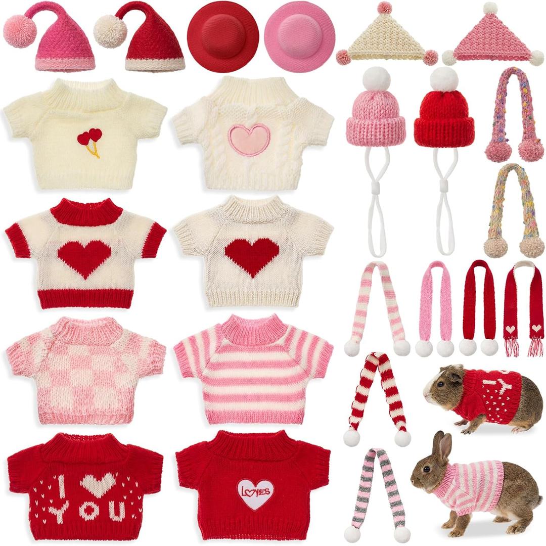 24 Pcs Valentine's Day Guinea Pig Clothes Includes 8 Guinea Pig Stuff Warm Sweaters, 8 Hand-Knitted Mini Hats, and 8 Cute Little Scarves for Hamster Bunny Small Animal Warm Costume