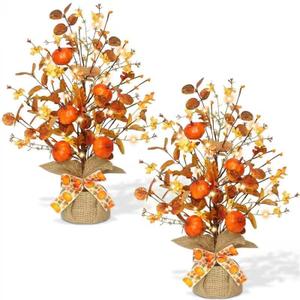 2 Pack & Timer - Lighted Fall Tree Tabletop Fall Thanksgiving Decor with 30 LED Battery Operated Artificial Eucalyptus Tree Pumpkins Floral Berry Burlap Base Fall Thanksgiving Decorations Home Indoor