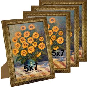 KTKDE 5x7 Picture Frame Set of 4, Ornate Vintage Gold Photo Frames with Real Glass 5 x 7 Antique Photo Frame for Wall Decor or Tabletop Display Retro Home Decor best gift