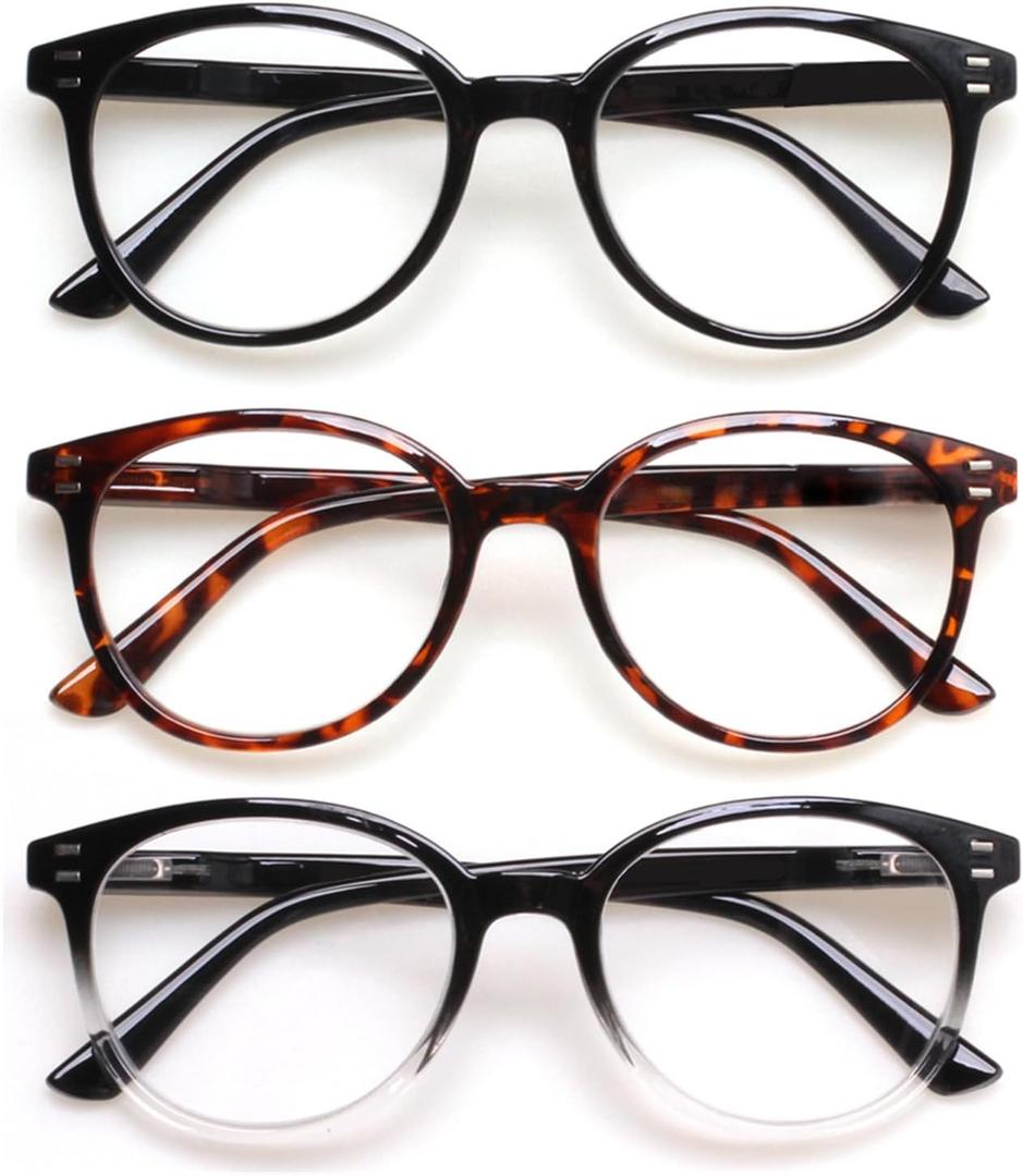 3 Pack Reading Glasses Spring Hinge Stylish Readers Black/Tortoise for Men and Women (3 Mix, +2.0)