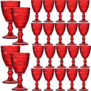 24 Pcs Red Vintage Wine Glasses Set, 10 Ounces Colored Glass Water Goblets, Unique Floral Embossed Pattern High Clear Stemmed Glassware Wedding Party Bar Drinking Cups Fancy Glasses Hand Wash Only