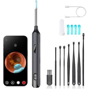 Children's and Adult Ear Wax Removal Earwax Removal kit, Earwax Spoon, Digging and Tweezers, LED Light and Magnifying Glass, IPX5 Waterproof, with 8 earplug Sets +4 Soft Silicone Ear Spoons (Black)