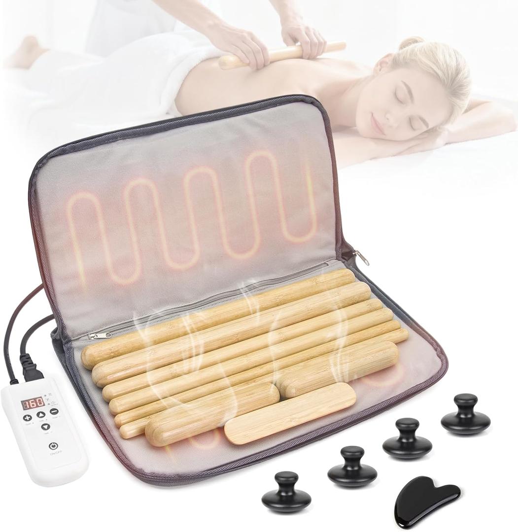 Goodtar 14 Pcs Hot Stones Massage Warm Kit Solid Bamboo Massage Stick Body Gua Sha Tool Heater with Temperature Adjustment, Basalt Hot Rocks Back Foot Body Massage for Home Spa Relieve Muscle Pain