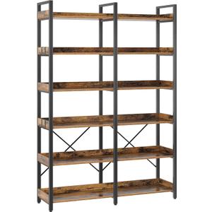Seventable Bookshelf 6 Tier with 4 Hooks, 67 Industrial Wooden Bookcase, Vintage Storage Rack with Open Shelves, Rustic Standing Bookshelves Metal Frame 43.3 Wide Display Rack, Rustic Brown
