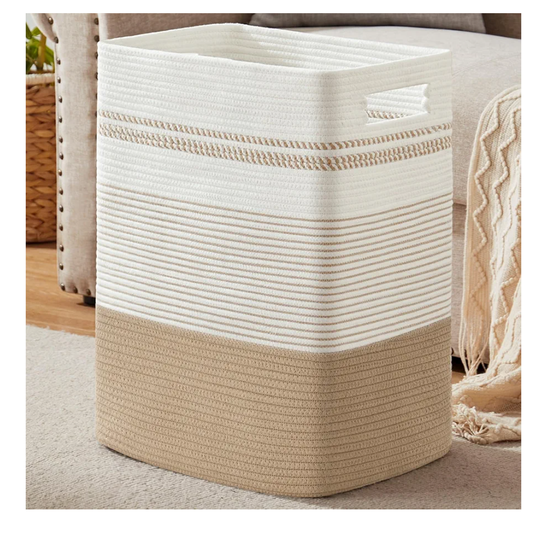 Laundry Hamper, Large Woven Rope Tall Laundry Basket with Handles, 22" X 17" X 13", Decorative Storage Basket for Clothes and Blankets in Living room, Bedroom, Jute & White