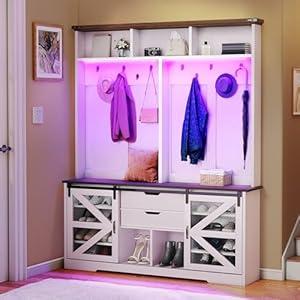 YITAHOME Hall Tree with Bench and Shoe Storage, Hallway Tree with Adjustable RGB LED Light, Sliding Barn Doors and 10 Hooks, Coat Rack for Front Door Entrance Entryway Mudroom, White & Walnut