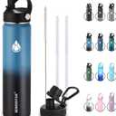 SENDESTAR Insulated Water Bottle 24 oz, Double Wall Vacuum Leak Proof Stainless Steel Sports Water BottleWide Mouth with New Flex Straw Lid & Spout Lid (Deep Blue&Black)