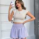 2 x Fisoew Womens High Waisted Bubble Shorts Smocked Elastic Going Out Cute Skorts with Pockets (Purple)