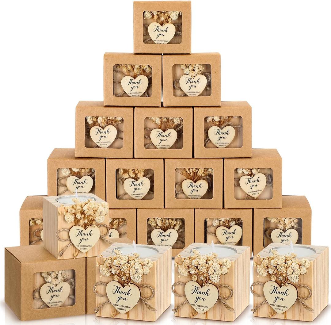 50 Sets Wedding Candles Favors Bridal Shower Thank You Gifts for Guest Christmas Rustic Wood Candle Holders Bulk Tealight Holder Baptism Favors(Light Brown)