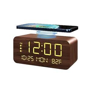 Digital Alarm Clock, with Wooden Electronic LED Time Display, 3 Alarm Settings, 10W Wireless charging, Day of the week, Temperature Detect, Wood Made Digital Clocks for Office, Bedroom, Bedside, Brown