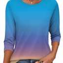 Womens 3/4 Sleeve Tops Crewneck Summer Solid Casual Tee Shirts Floral Printed Blouse Loose Dressy Tunic Gradient Blue Purple L