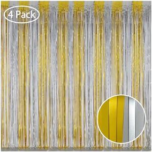 Melsan Gold and Silver Tinsel Curtains - 3.2ft X 8ft Foil Fringe Curtain Photo Backdrop for New Year Eve, Anniversary, Graduation, Birthday Party Backdrop - Set of 3