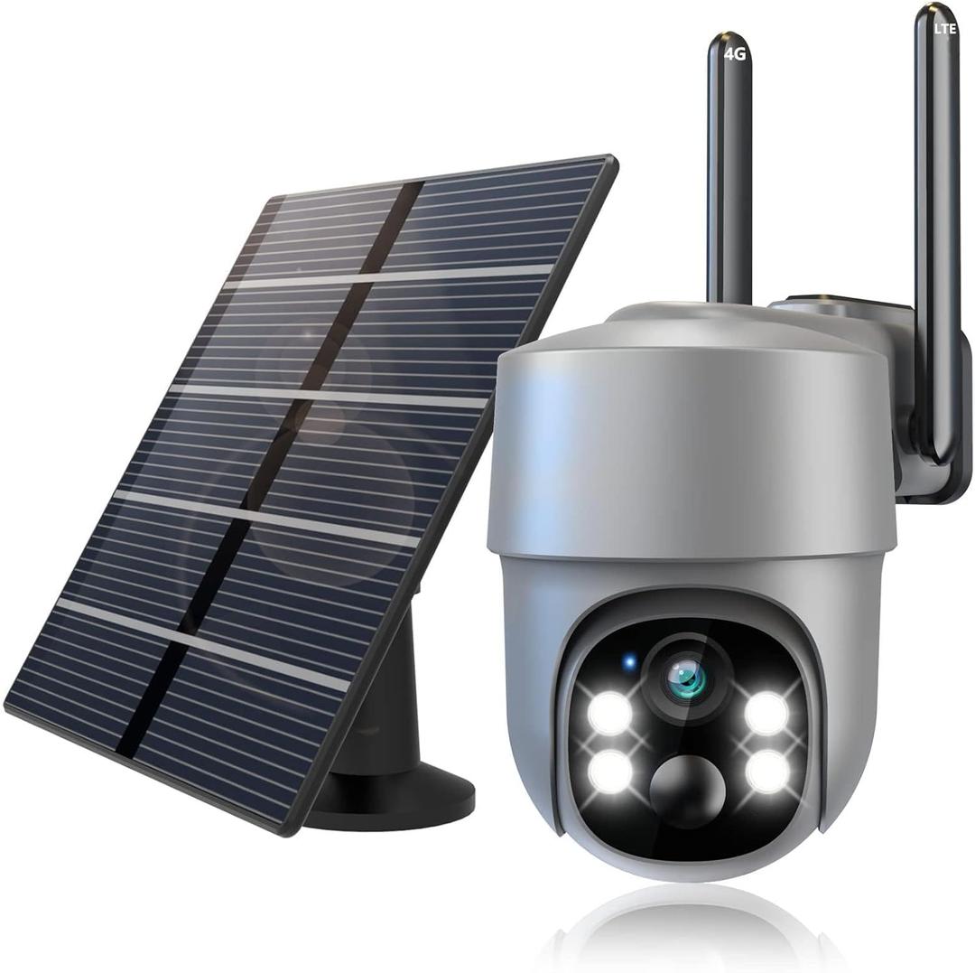4G LTE Cellular Security Camera Security Cameras Wireless Outdoor Solar-Powered with 360 Pan & Tilt Surveillance,Pir Motion Detection,2K Color Night Vision,2-Way Audio,Siren,IP66,Built in Sim Card (Grey)