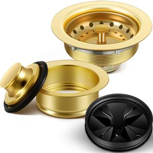 Norme 5 Pcs 3-1/2 Inch Kitchen Sink Drain Strainer Assembly Garbage Disposal Flange Stopper Plug Garbage Disposal Splash Guard Stainless Steel Sink Drain Strainer Replacement Kit (Gold)