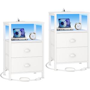 Furologee Nightstands Set of 2, End Tables Set of 2 with Charging Station and LED Lights, White Night Stands with 2 Fabric Drawers, Bedside Tables for Living Room/Bedroom