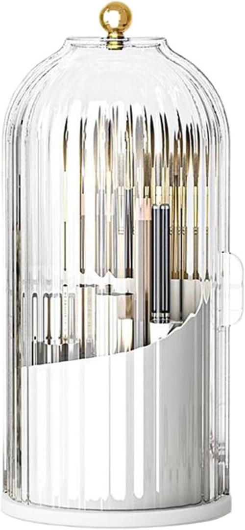 Birdcage-Style Concealed Toothbrush Holder Sliding Lid Bathroom Counter Organizer Tooth Brush Holder for Bathroom 360 Rotating Waterproof Dustproof Makeup Brushes Storage for Vanity (White)