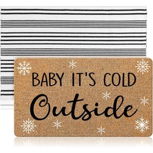 Duraaamo 2 Pcs Baby It's Cold Outside Door Mat Winter Christmas Nature Coir Welcome Outdoor Rug Black White Stripe Outdoor Christmas Front Porch Rugs Non Slip Floor Mats Indoor Entrance Decor