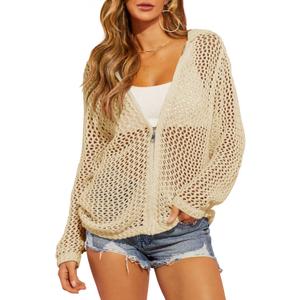 Saodimallsu Womens Crochet Lightweight Cardigans Zip Up Hooded Long Sleeve Knit Sweaters Mesh Beach Swim Cover Up (Beige, XL)