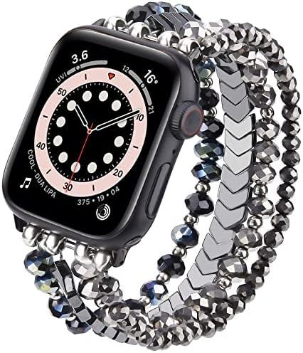 MOFREE Beaded Bracelet Compatible with Apple Watch Band 42mm/44mm/45mm/49mm/46mm Series 11/10/9/8/7/SE/6/5/4/3/2/1/Ultra Women Fashion Handmade Elastic Stretch Strap for iWatch Bands Blue/Dark Grey