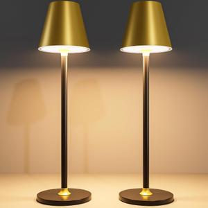 Timjorman 2-Pack Cordless Table Lamps - 5000mAh Rechargeable Battery Operated Desk Lamp, 3-Level Dimmable LED Night Light for Bedroom, Dining, Restaurant - Metal Design(Gold&Black 2-Pack)