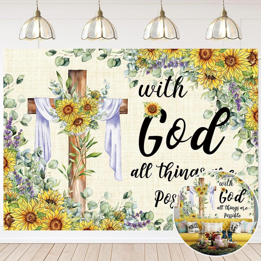Spring Easter Backdrop Sunflower Jesus Cross Background with God All Things are Possible Banner Easter Christian Decorations for Home Office Photo Prop Booth (8x6FT)