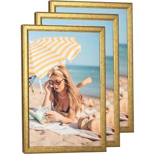 3 pack Wood 16x20 Frame Gold, Ornate Natural Wooden 20x16in Picture Frame, Modern Golden 16 x 20in Gallery Photo Pic Frame with HD Plexiglass,Horizontal Vertical Wall Mounting Set of 3