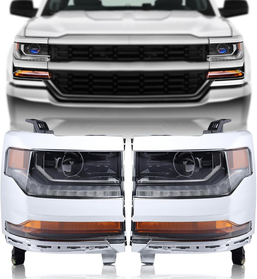 Chrome HID/Xenon LED DRL Projector Headlight Assembly Compatible with 2016-2018 Chevy Silverado 1500/2019 Silverado 1500 LD Driver&Passenger Side 84388631 84388723 (Pair)