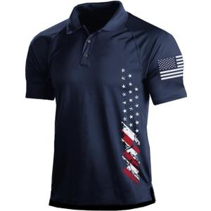 H HYFOL Short Sleeve Polo Shirts for Men Graphic Stretch Casual American Patriotic Raglan Golf Polos for Men(Navy Blue, XXL)