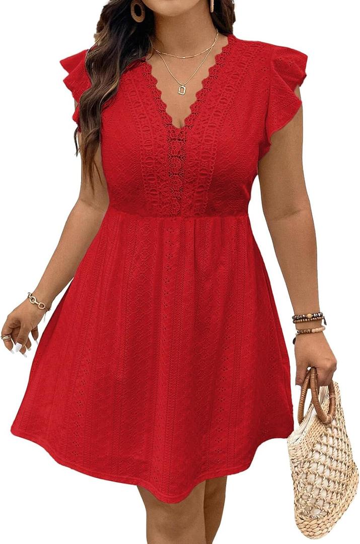 Eytino Plus Size Dresses for Women Summer Ruffle Cap Sleeve Lace V Neck Embroidery Eyelet A Line Dress 1X