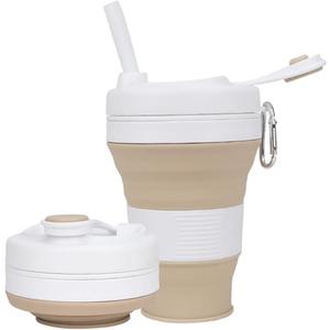 Silicone Coffee Cup with Straw lid Collapsible Cups for Traveling 20oz Lightweight Folding Water Mug for Picnic Hicking Camping Climbing (Khaki)