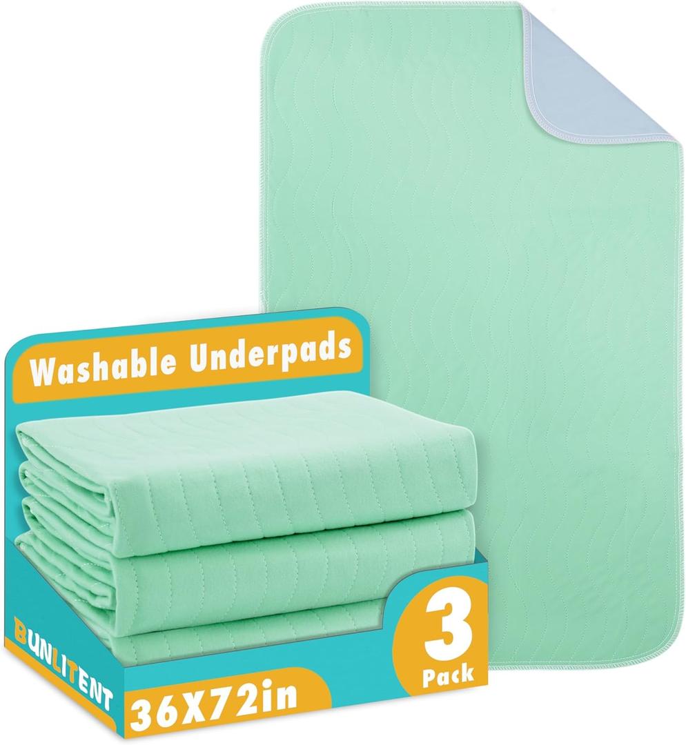 Washable Underpads, 36" x 72", 3 Pack - Heavy Absorbency Reusable Bedwetting Incontinence Pads for Kids, Adults, Elderly, and Pets - Waterproof Protective Pad for Bed, Couch, Sofa, Floor (Green)
