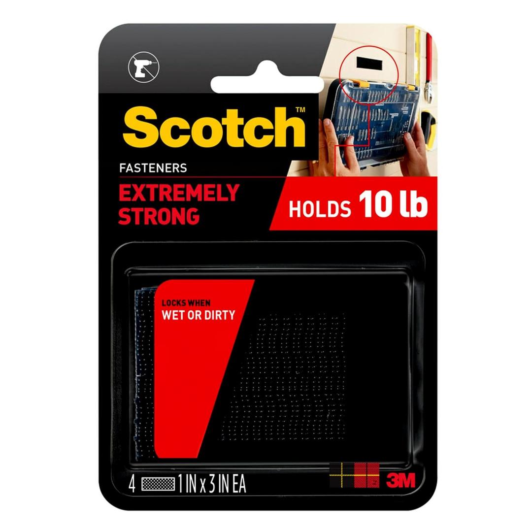 Scotch Extreme Interlocking Fasteners, 4 Strips, 1" x 3", Delivers Powerful Bond on Contact, Weather, Dirt & UV Resistant, 1 Set Holds 2 lbs., Designed with Reclosable Dual-Lock Technology (RF6731) (Black)