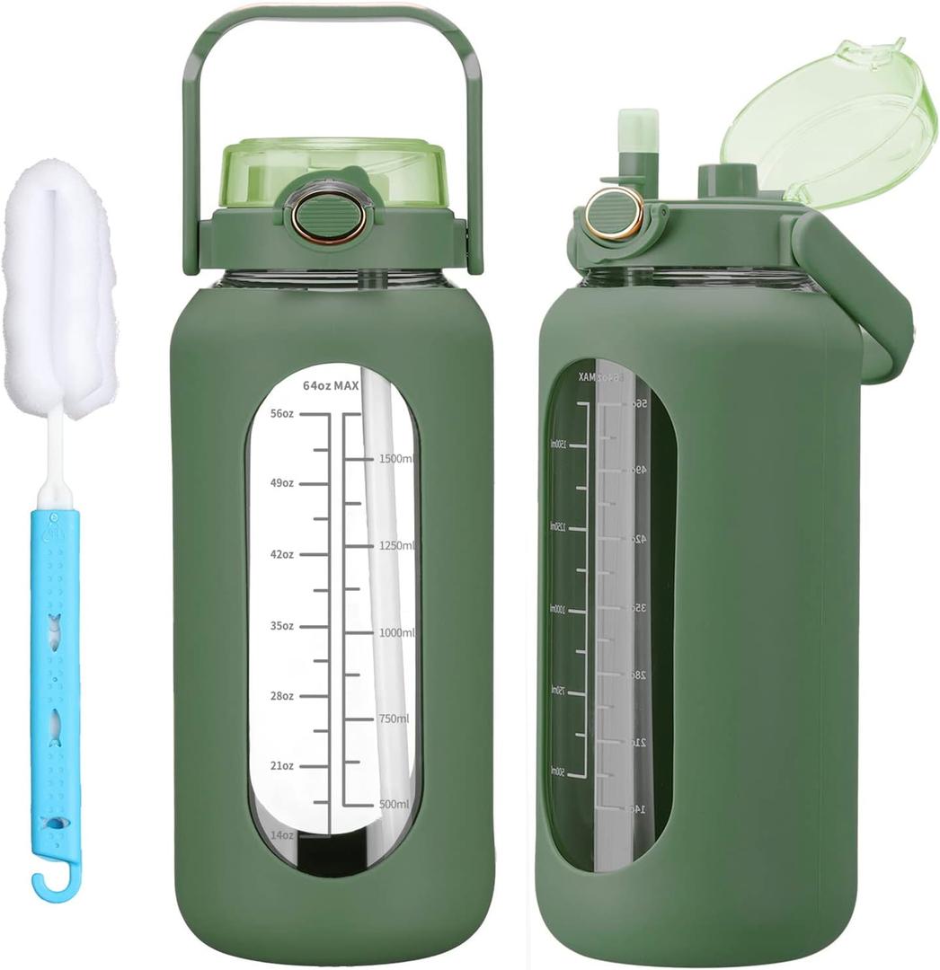 64oz Glass Water Bolttles with Straw Half Gallon Large Motivational Water Bottle with Time Marker Sports Water Bottles with Silicone Sleeve and Handle Lid Water Jug for Gym Workout (Olive)