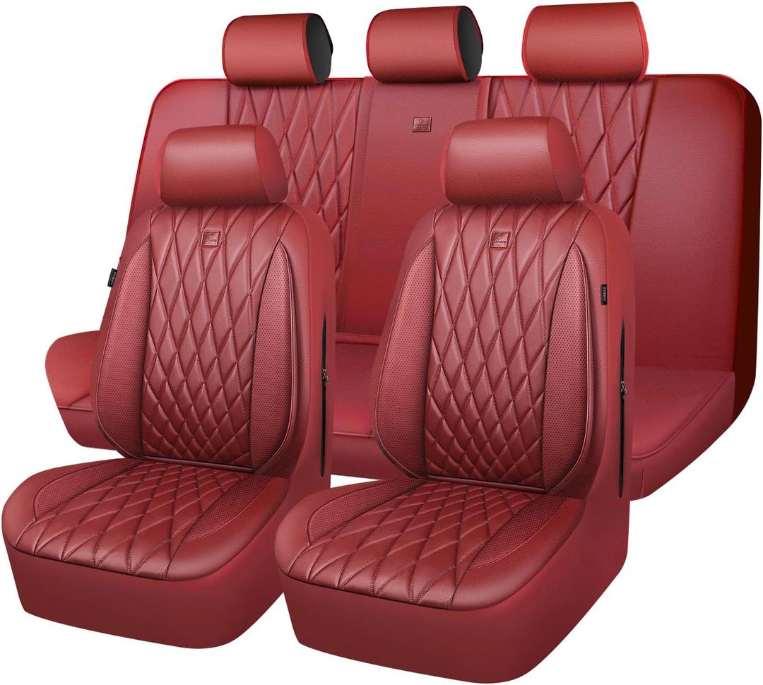 CAR PASS Piping Luxury Faux Leather Seat Covers Full Set, Premium Delux Anti-Slip Waterproof Automotive Seat Cover Universal Fit for Sedans Suvs Vans Trucks, Armrest & Airbag Compatible, Burgundy Red