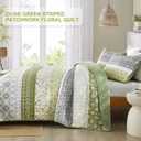 WONGS BEDDING Boho Quilt Set Full Size,Olive Green Bohemian Striped Patchwork Bedspread Coverlet Set,3 Pieces Microfiber Bedding Set for All Seasons (78"x90")