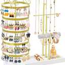 Jewelry Earring Holder Organizer, Adjustable 5 Tiers Rotating Earring Holder 3 Tier Necklace Holder with Wooden Base, Multi-Functional Jewelry Organizer Display Stand for Studs Bracelet Women(Gold)