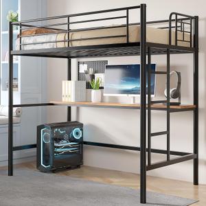 VECELO Loft Bed Twin Size with Desk, Metal Bedframe with Removable Ladder and Safety Guardrail, No Box Spring Needed, Space Saving, Noise Free, Dark Black