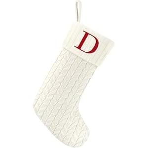 20 Inches Christmas Stockings with Initials, Knit Embroidered Letter White Christmas Stocking, Monogram Christmas Stocking for Famliy Holiday and Xmas Tree Fireplace (Letter D)
